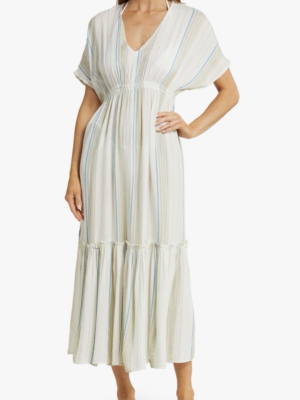 Elan Swim Cover Up White Striped V-Neck Maxi Dress